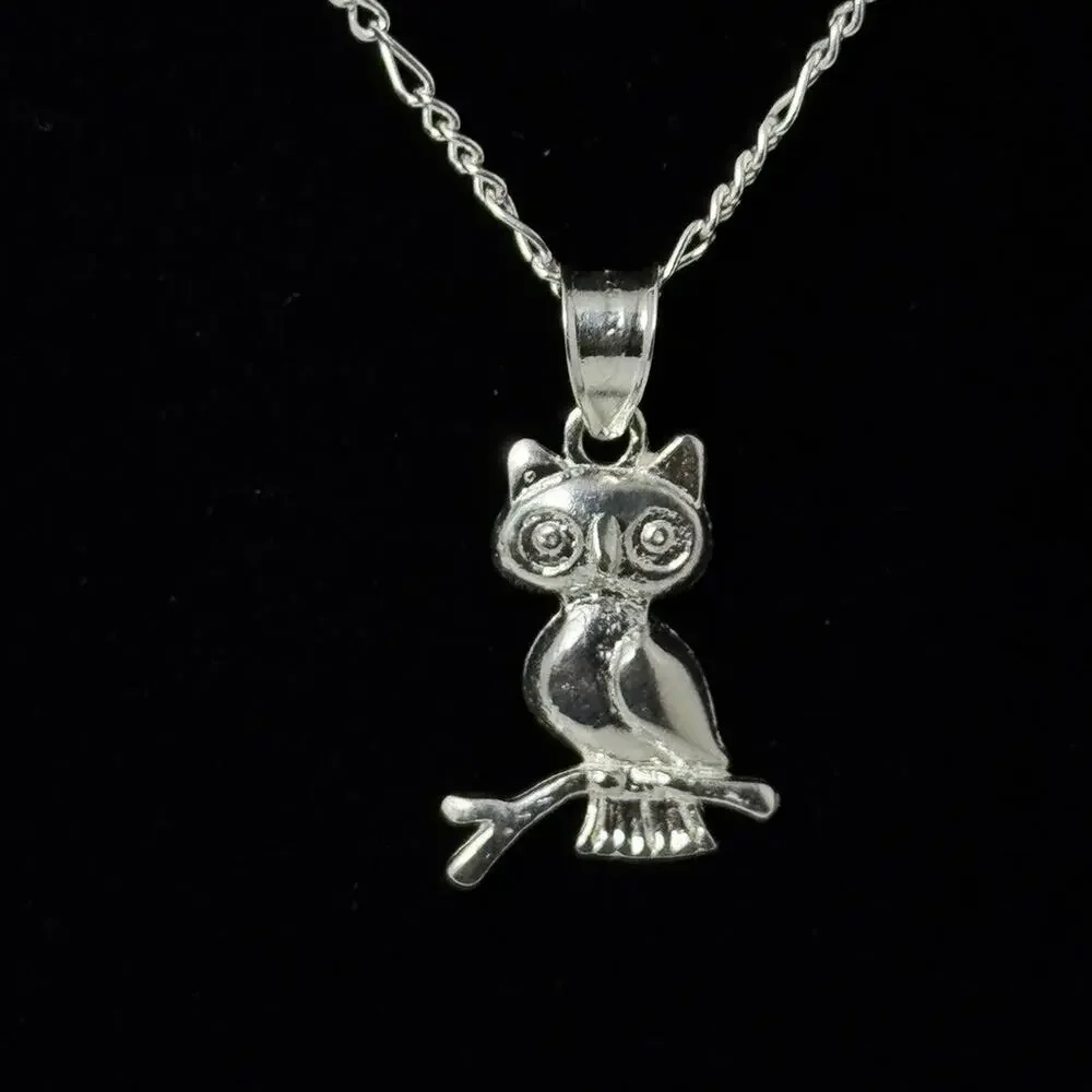 Sterling Silver Owl Pendant Necklace 20 Inch Figaro Chain 925 Italy